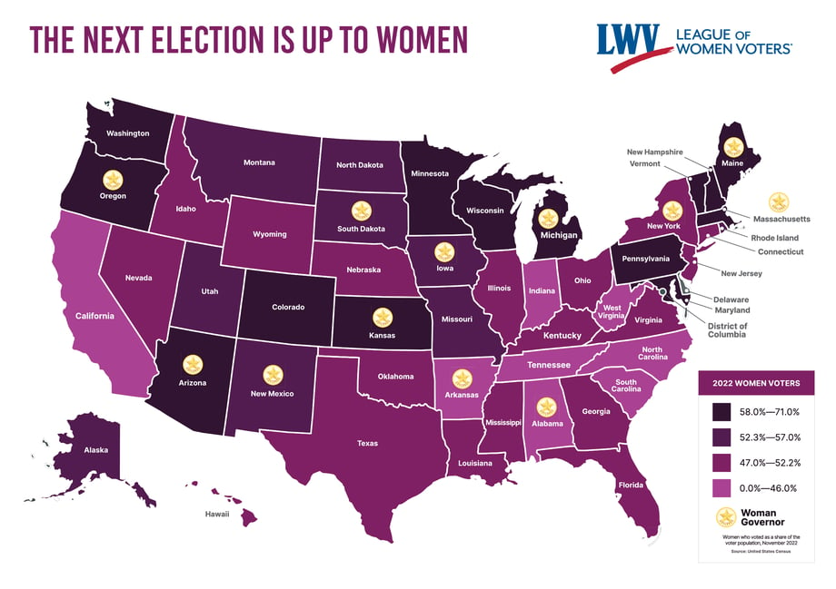 Map showing the percentage of women who voted as a share of their states' populations in 2022