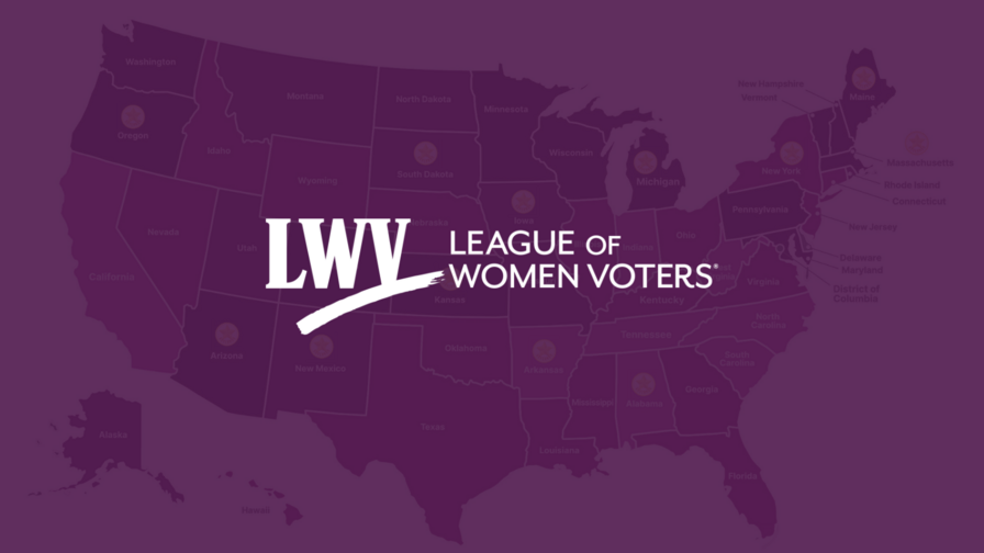 Purple overlay on top of a map of the US with the LWV logo centered
