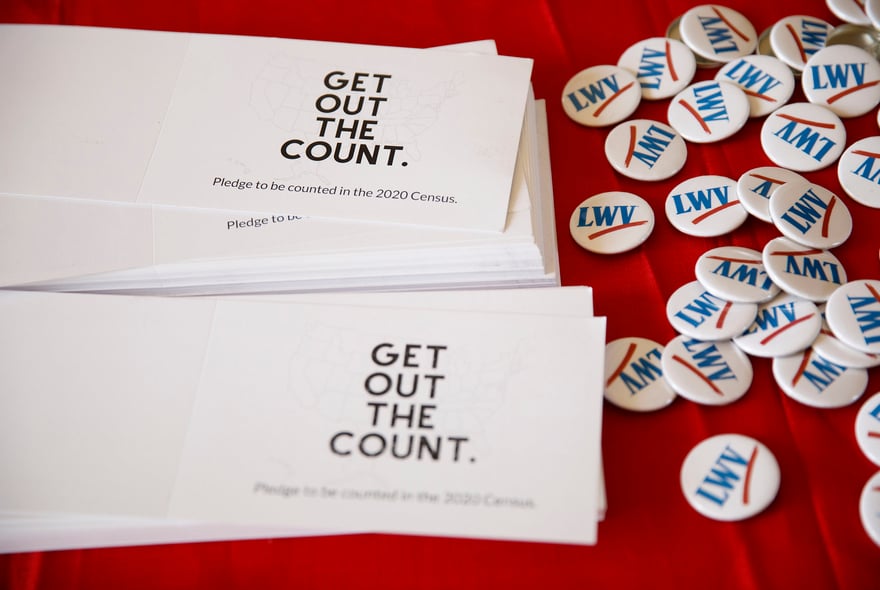 Cards saying "Get Out the Count" next to LWV pins