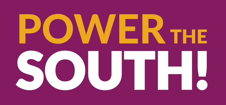 The text Power the South on a purple background