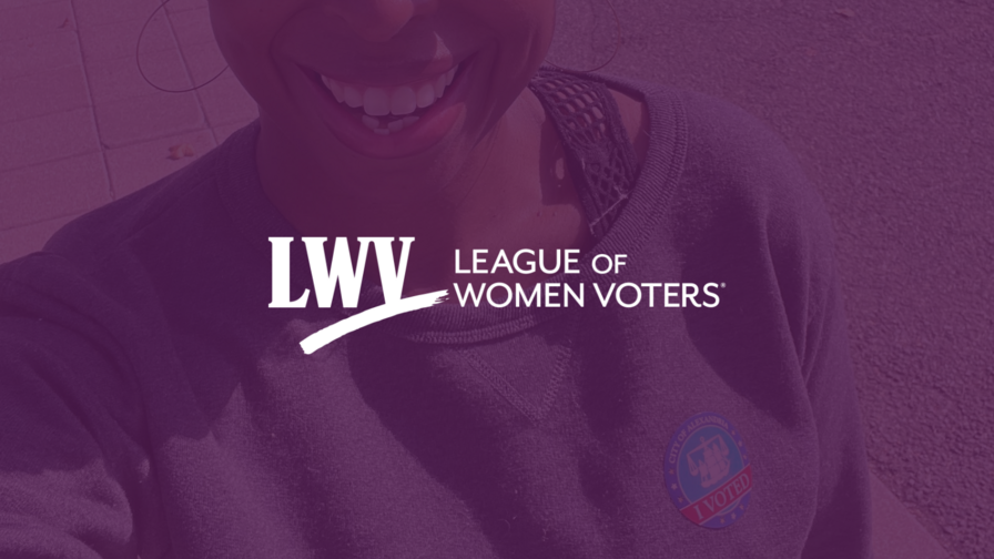 A picture of a smiling woman with an "I Voted" sticker beneath a purple overlay. The LWV logo is centered.