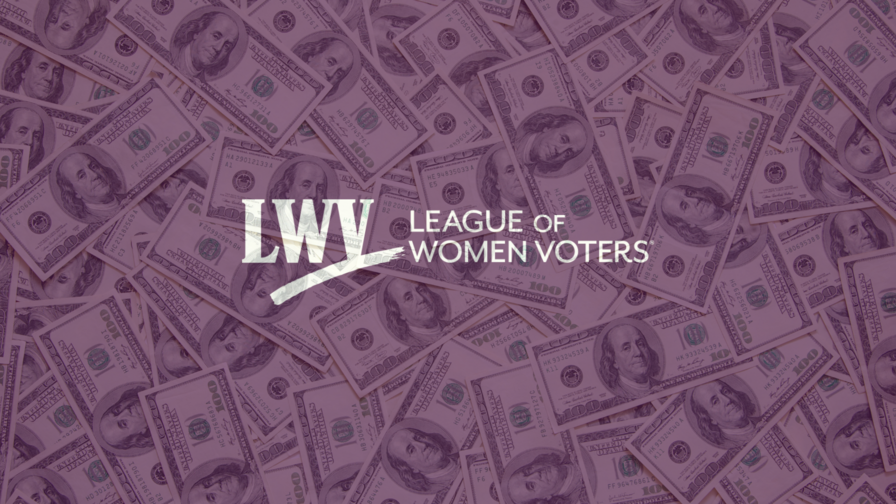 Piles of money with a purple overlay and the LWV logo centered over the image
