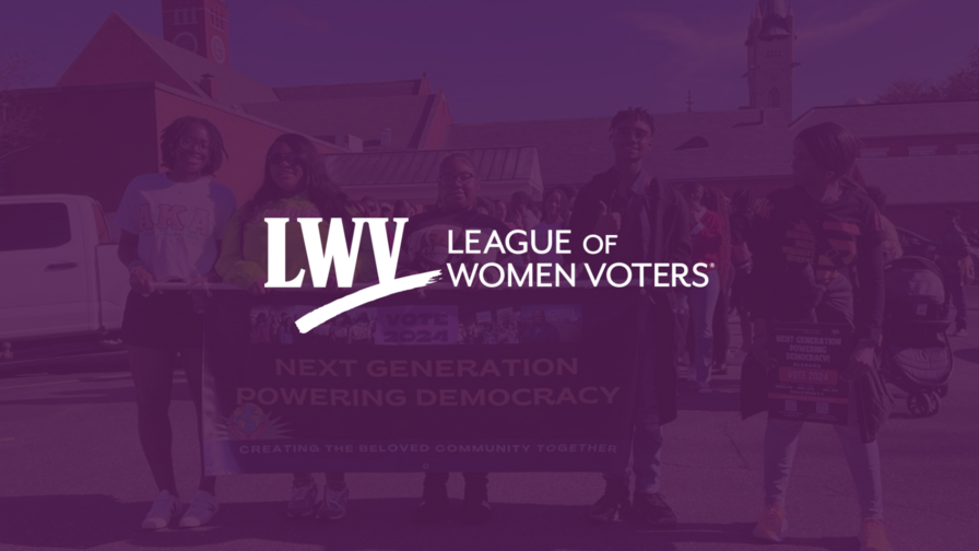 Picture of young voters holding a banner that says "Young Voters Powering Democracy" with a purple overlay and the LWV logo centered
