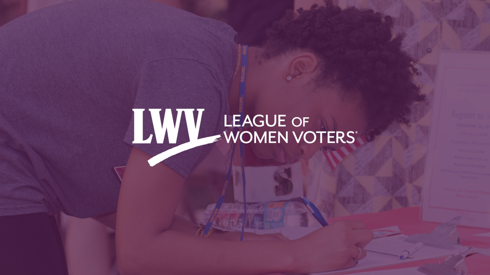 A young woman registering to vote with a purple overlay and the white LWV logo in the center