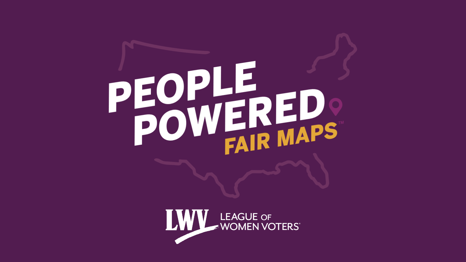 The People Powered Fair Maps logo above the LWV logo on a purple background
