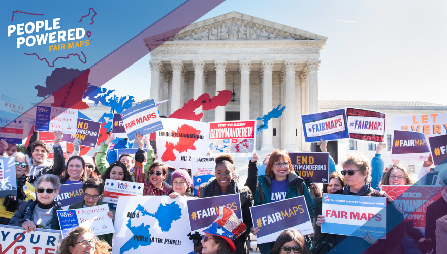 Protestors standing outside the Supreme Court holding signs advocating for fair maps