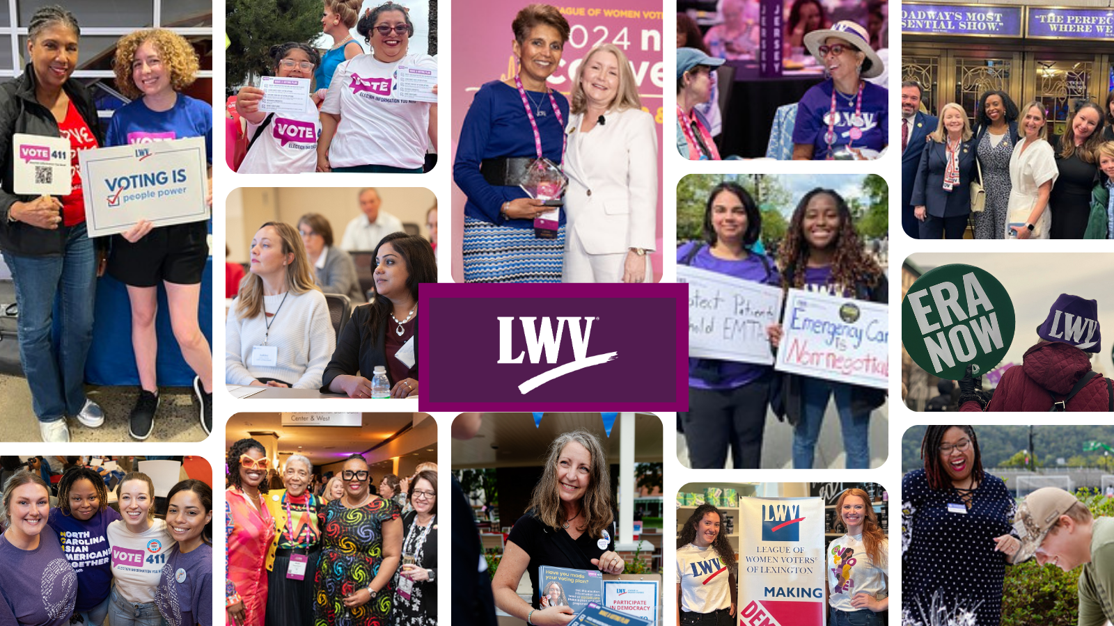 A collage of pictures of LWV members with the text "LWV" in the center