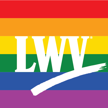 White LWV logo on rainbow background