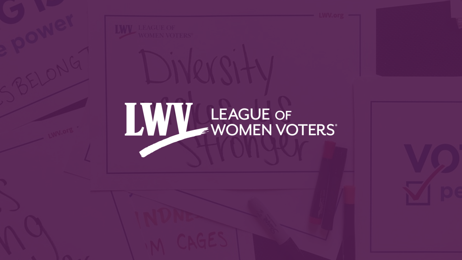 Various rally signs with a purple overlay and the LWV logo centered