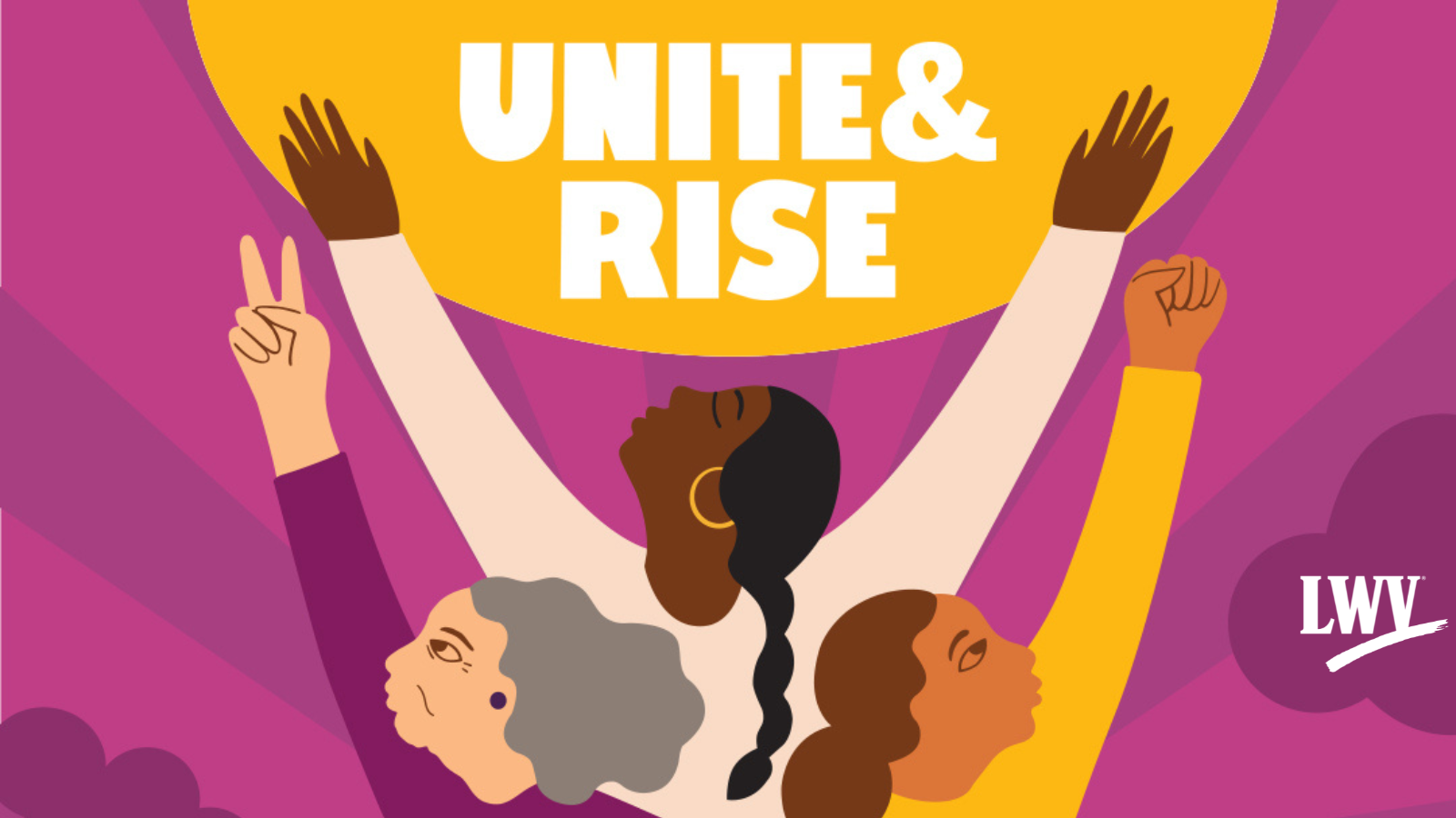 Women under a sun with the words "Unite and Rise" on a purple background