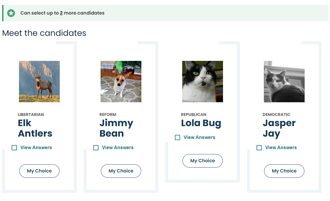 A sample candidate race featuring pretend animal politicians from VOTE411.org