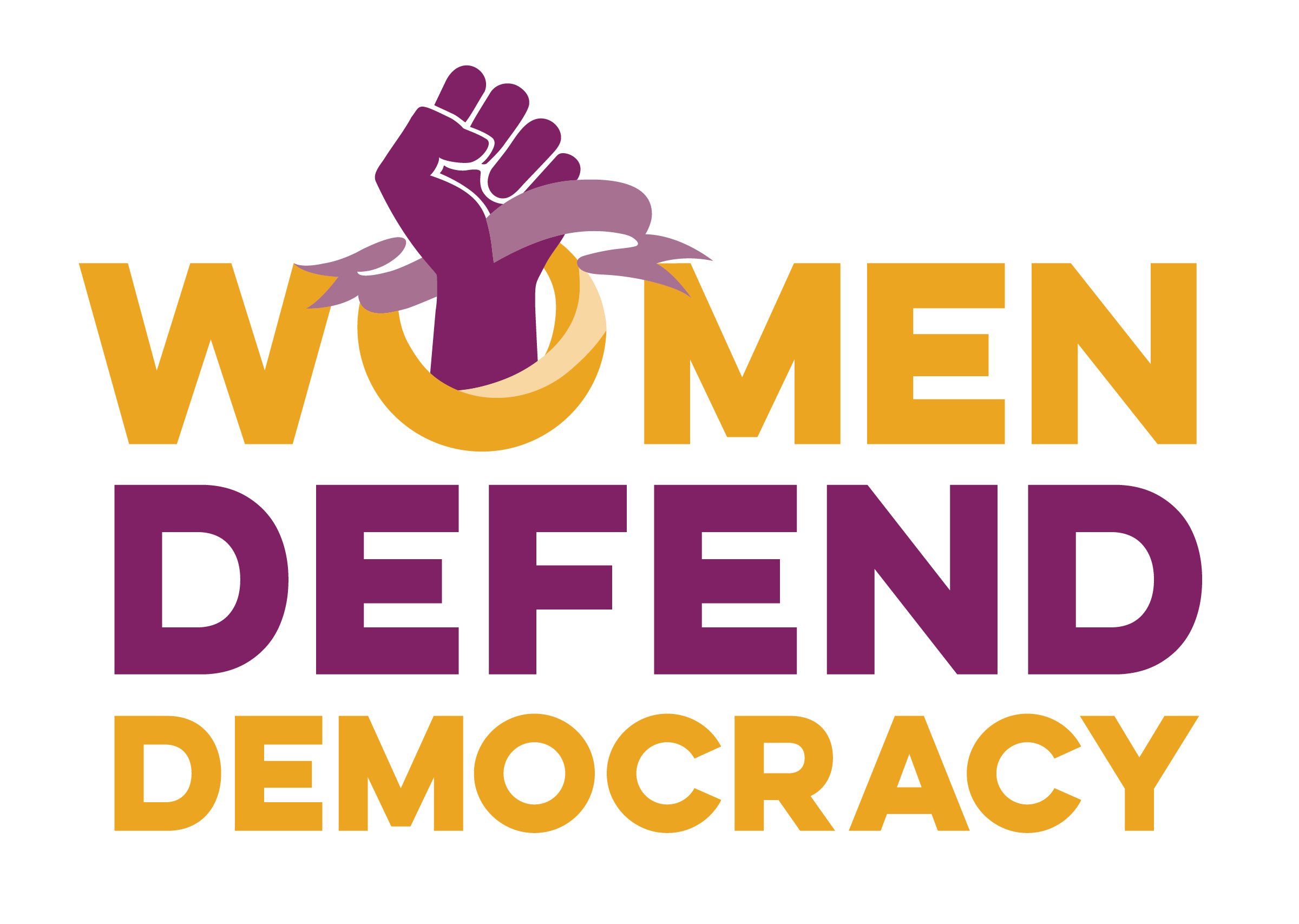 The text "Women Defend Democracy" with a fist coming out of the "O" in "women"