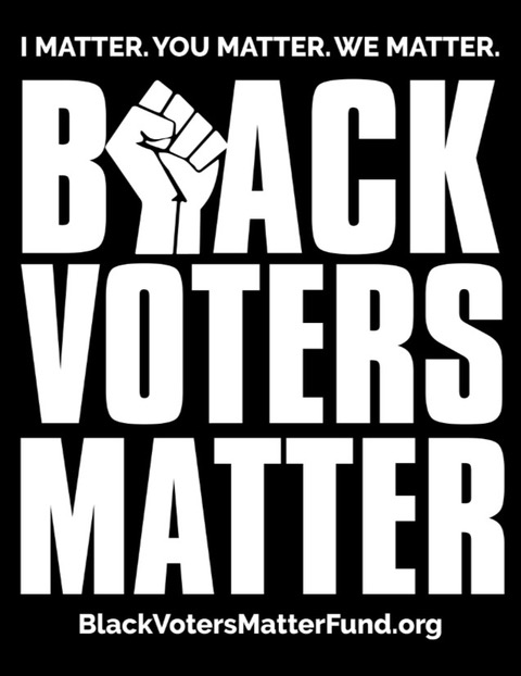 Text reading "Black Voters Matter" with a raised fist as the "L"
