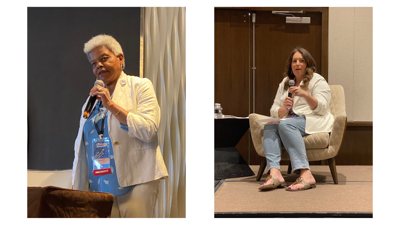 From L to R: LWVUS board president Dr. Deborah Ann Turner speaking at Council 2023; LWVUS CEO Virginia Kase Solomon speaking at Council 2023's fireside chat