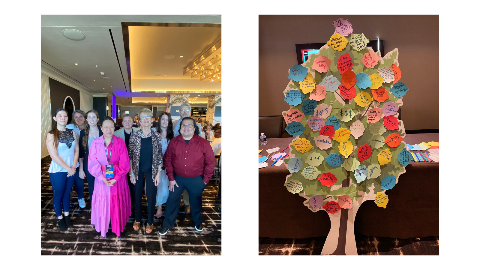From L to R: League leaders from LWV Northern Nevada at Thursday's dinner; A cardboard tree with leaves stuck to it. Attendees wrote on the leaves, answering the prompt: "What does the League need to grow and thrive in the next five years?"