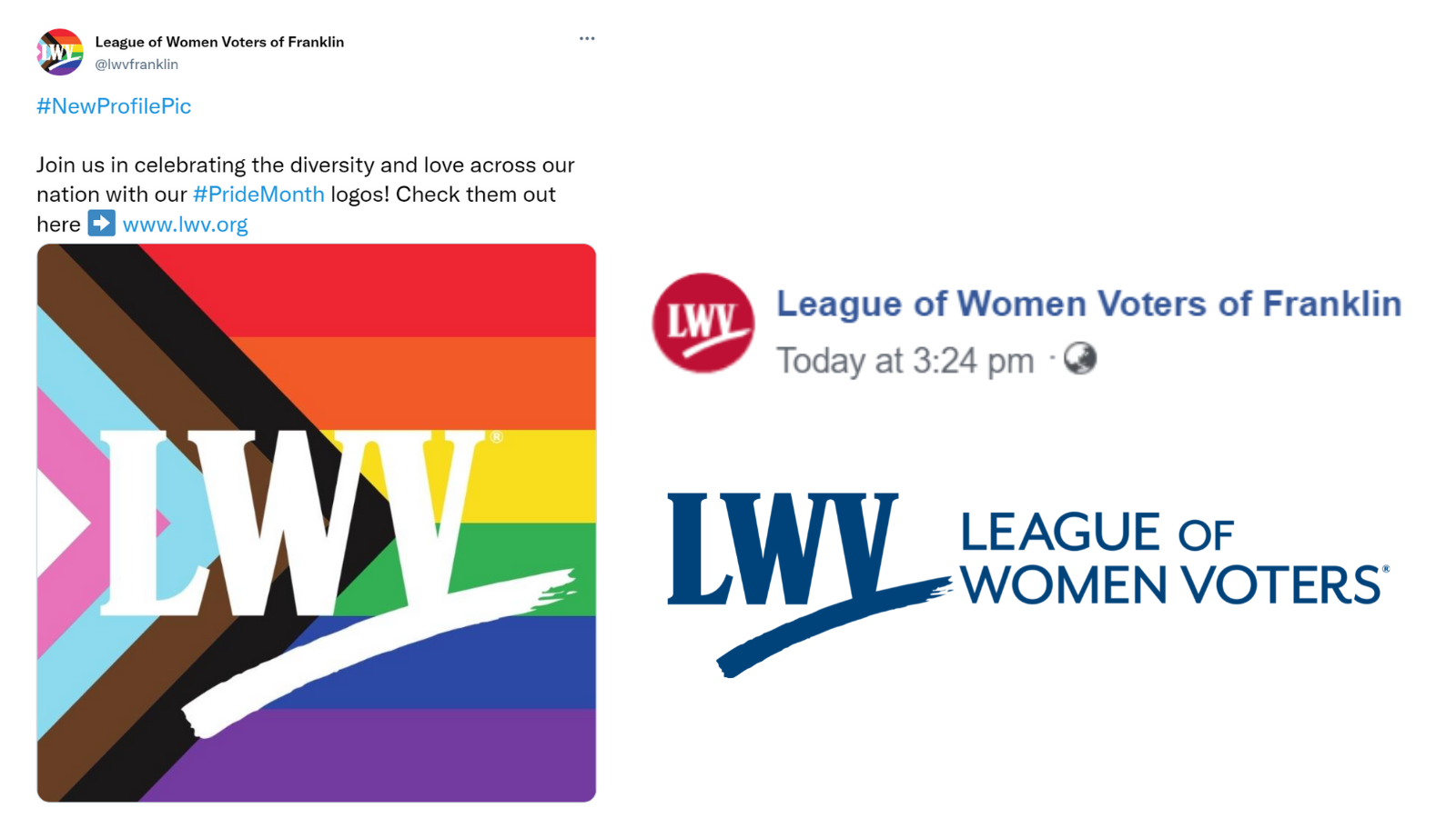 Collage of alternate LWV logos. Featured is a sample Twitter post from LWV Franklin with the LWV pride logo, a "League of Women Voters of Franklin" sample Facebook profile using the LWV red logo, and the blue "League of Women Voters" logo.