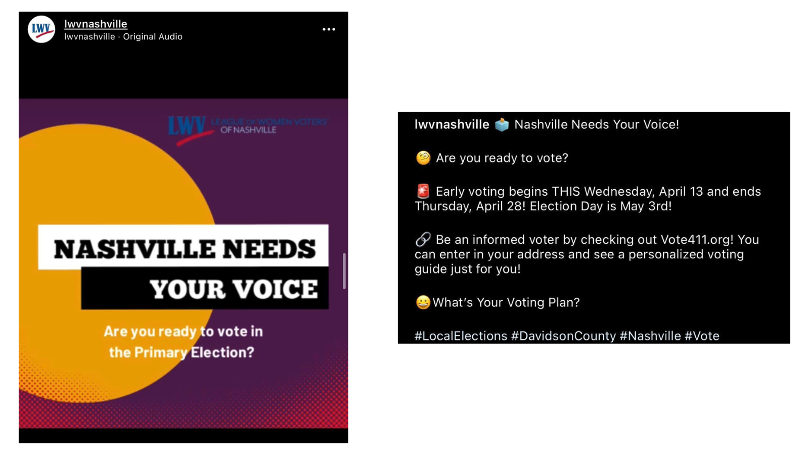 Screenshots of Instagram posts from LWV Nashville, TN