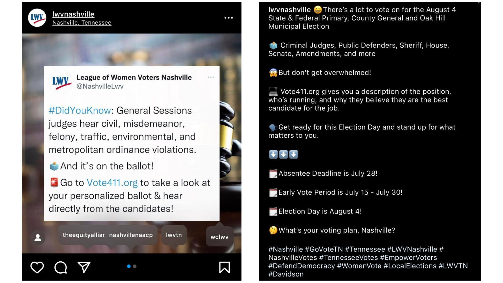 Screenshots of Instagram posts from LWV Nashville, TN