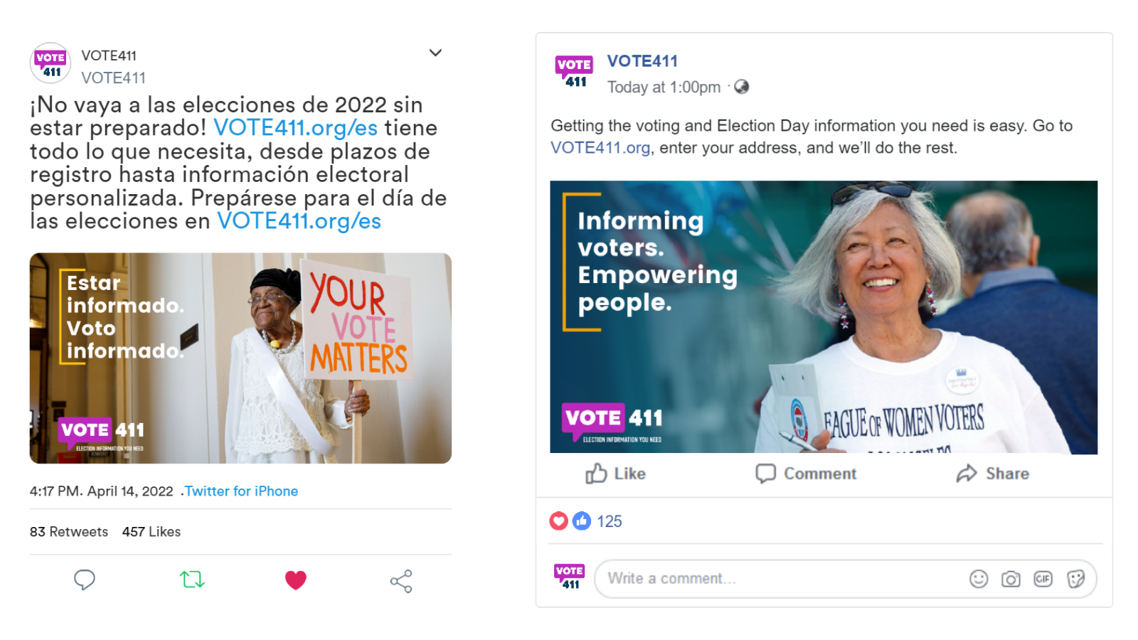 Sample VOTE411 Posts - left image is a Twitter post in Spanish. Right image is a Facebook post in English