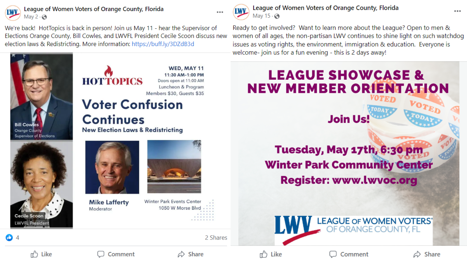 Screenshots of Facebook posts from LWV Orange County, FL