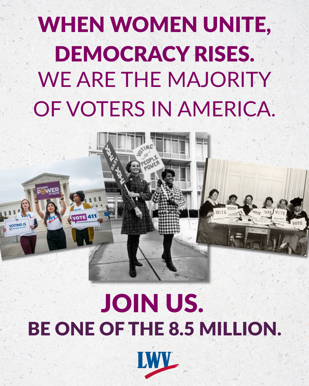 WID 2025 Graphic: When Women Unite, Democracy Rises. We are the majority of voters in American. Join US. Be one of the 8.5 million.
