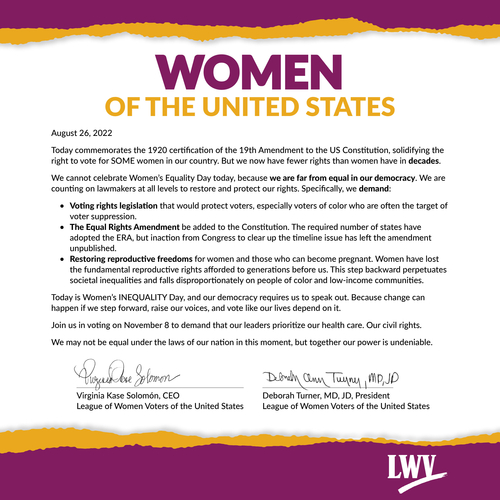 Letter from the LWV on Women's Inequality Day as published in the Washington Post