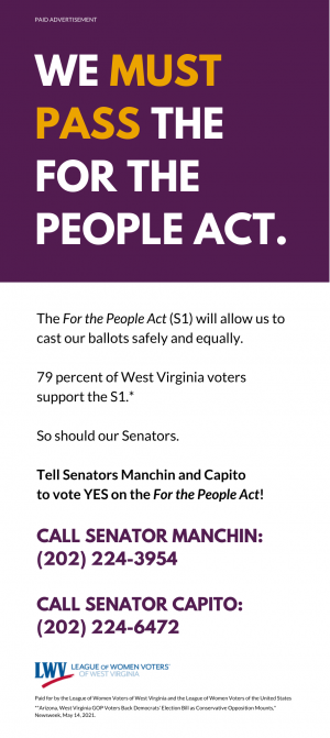 Purple and white blocks of text promoting the For the People Act with a LWV logo at the bottom