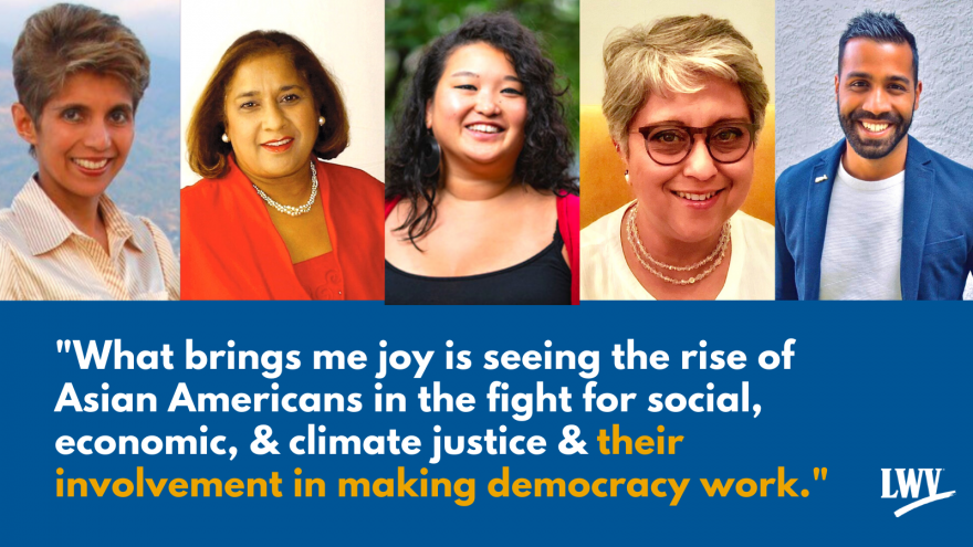 Five headshots of LWV members above a quote