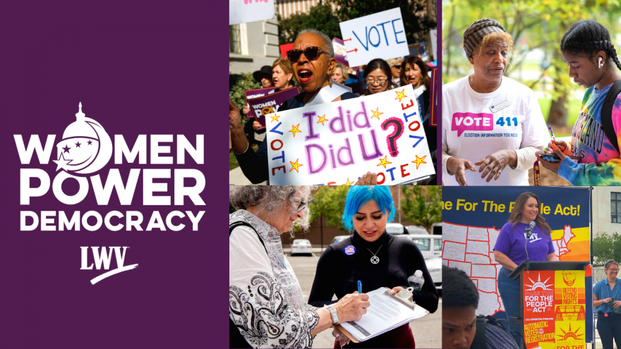 Women power democracy logo to the left of four separate images, one of a woman protesting, another of two women talking, another of a woman signing a form, and another of Virginia Kase Solomon speaking at a podium