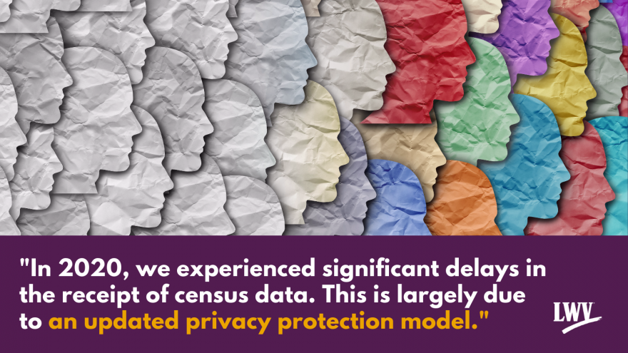 Pictures of paper cut-out faces above the quote "In 2020, we experienced significant delays in the receipt of census data. This is largely due to an updated privacy protection model."