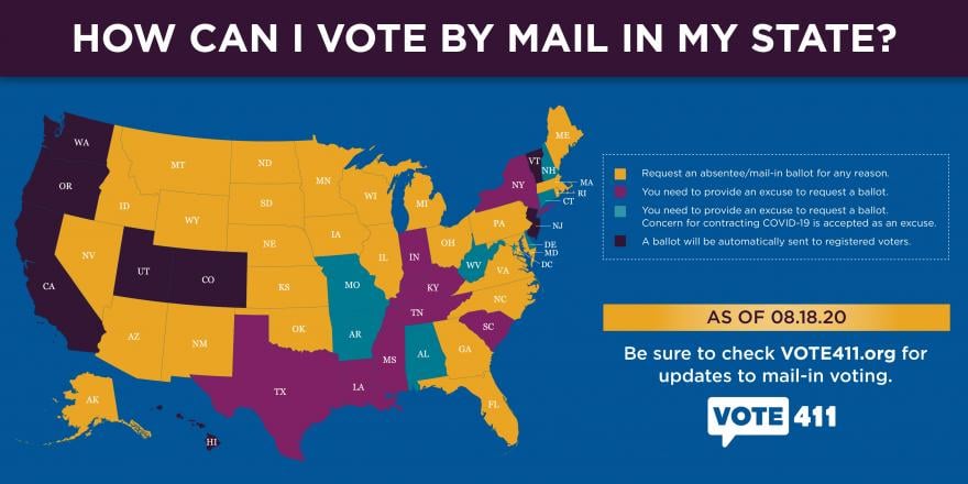 Map sharing how to vote by mail by state