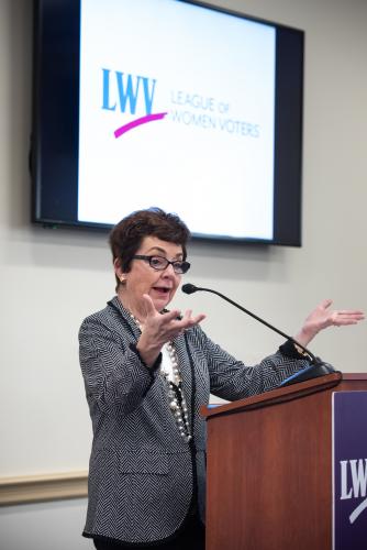 LWVUS Board President Chris Carson speaks at reception for female members of Congress
