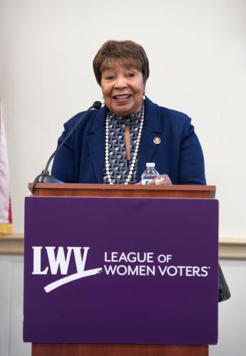 Rep Eddie Bernice Johnson (D-TX) speaks at LWVUS reception for women of Congress