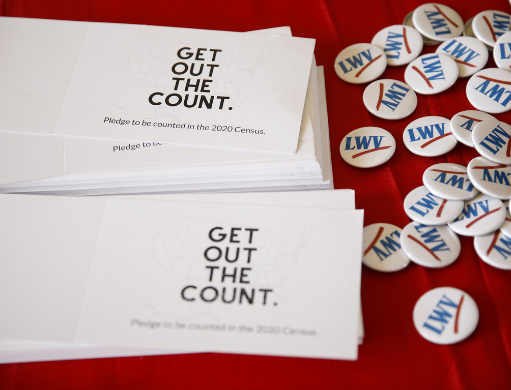 Cards saying "Get Out the Count" next to LWV pins