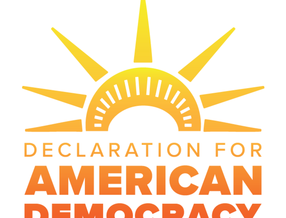 The crown of the Statue of Liberty over the words "Declaration for American Democracy"