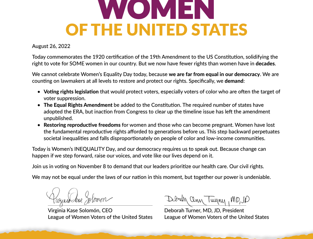 Letter from the LWV on Women's Inequality Day as published in the Washington Post