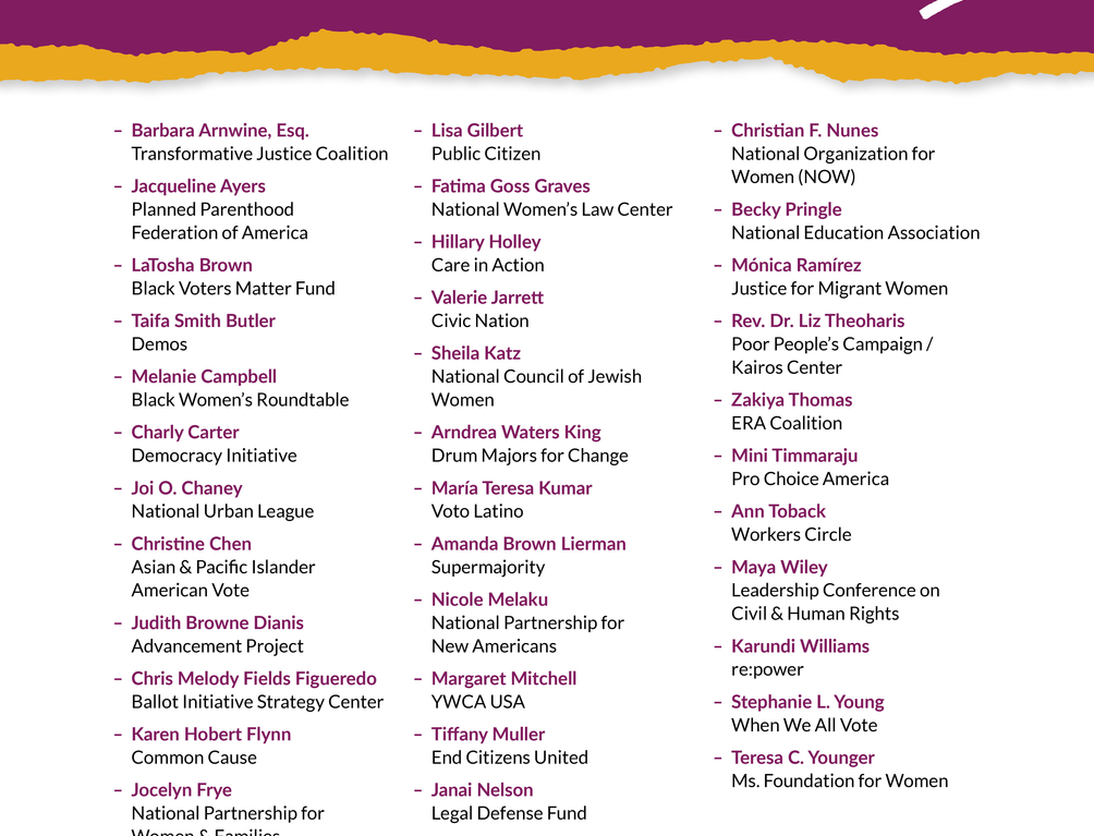 The names of 35 women leaders in advocacy who signed the Women's Inequality Day letter to the Washington Post