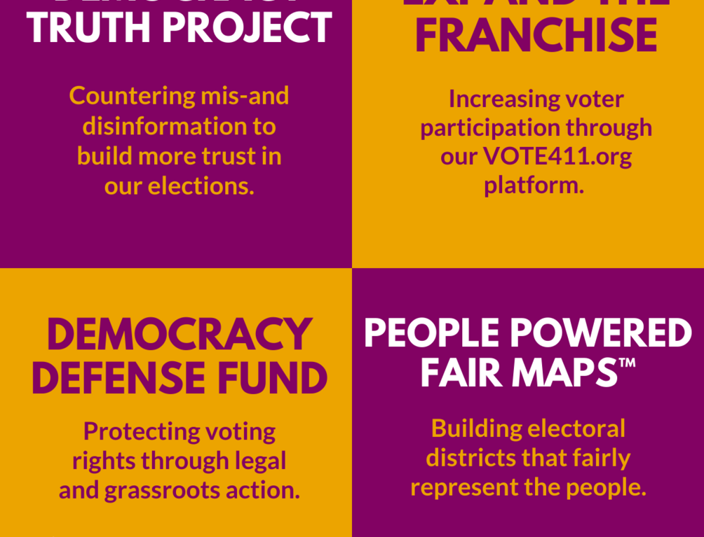 Four blocks of text describing the different prongs of Women Power Democracy: Democracy Truth Project, Expand the Franchise, Democracy Defense Fund, and People Powered Fair Maps