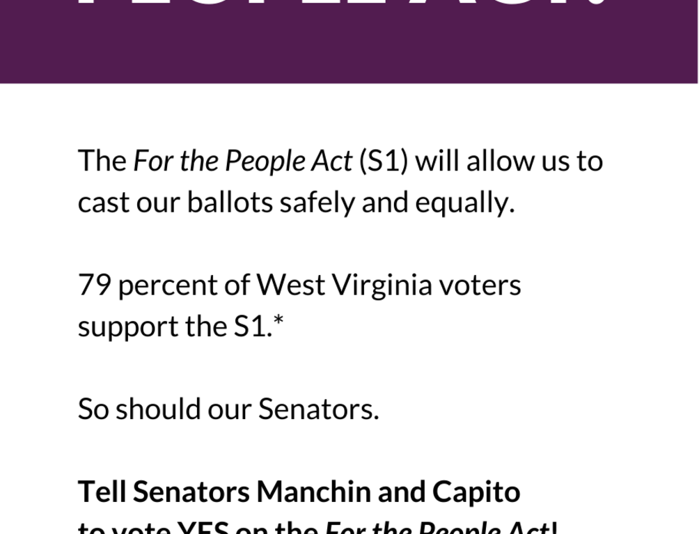 Purple and white blocks of text promoting the For the People Act with a LWV logo at the bottom