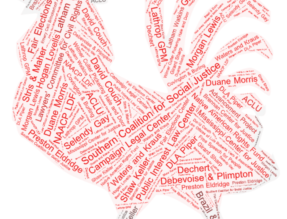 a red rooster created out of the name of all of the litigation partners listed in the blog 