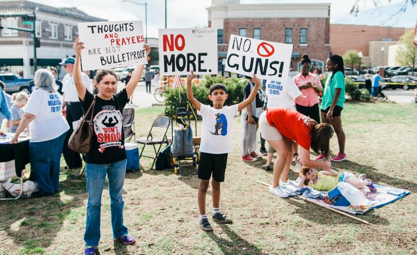 People in a lawn protesting with signs for gun reform