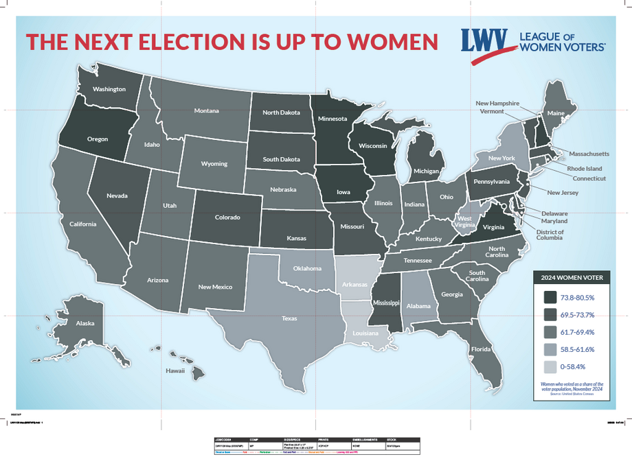 A heat map showing the percentages of women voters in each US state in 2024
