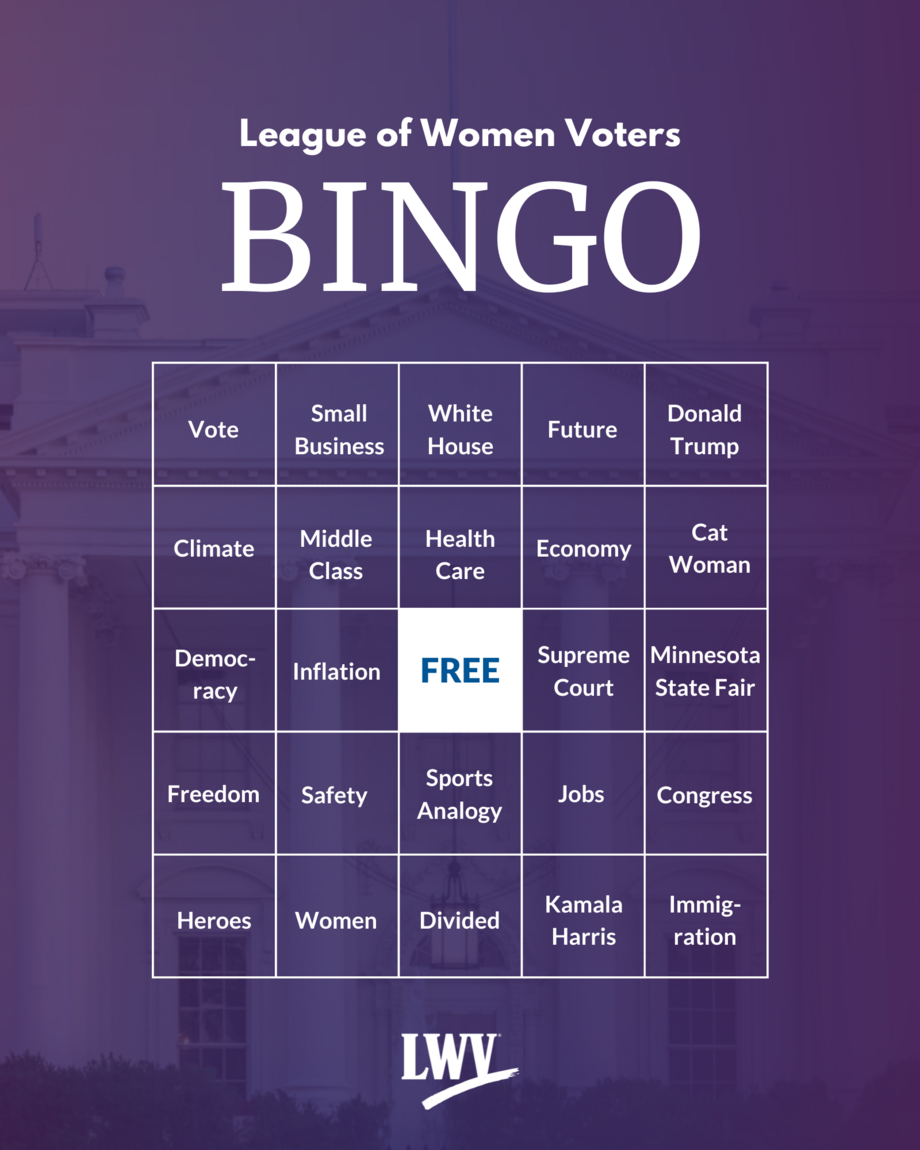 A bingo card on a purple background with the LWV logo