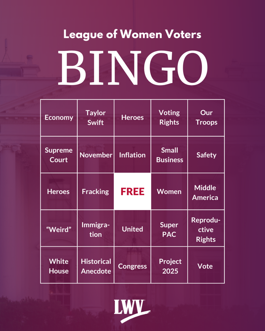 A bingo card on a purple background with the LWV Logo