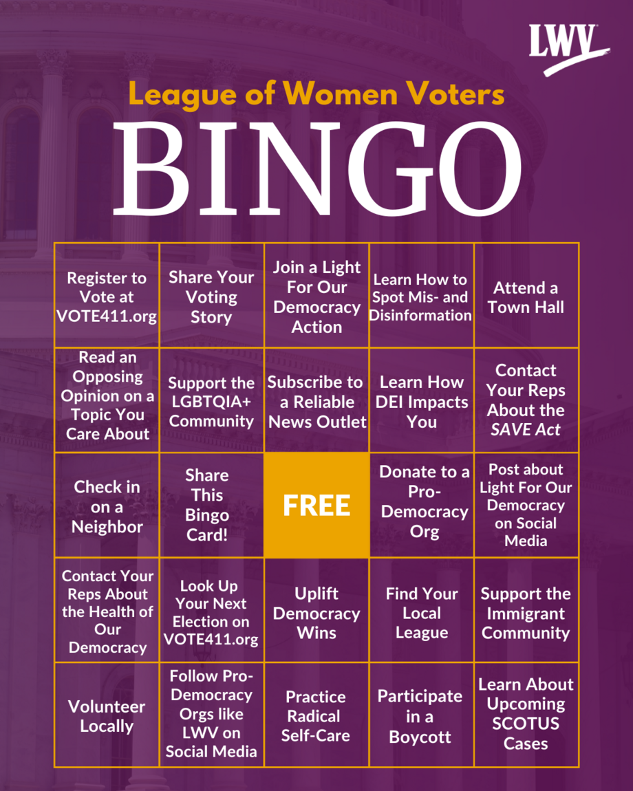 A bingo card of actions people can take for democracy