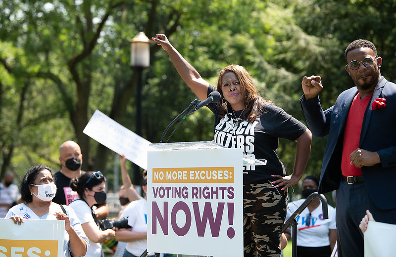 Latosha Brown speaking at an LWV event