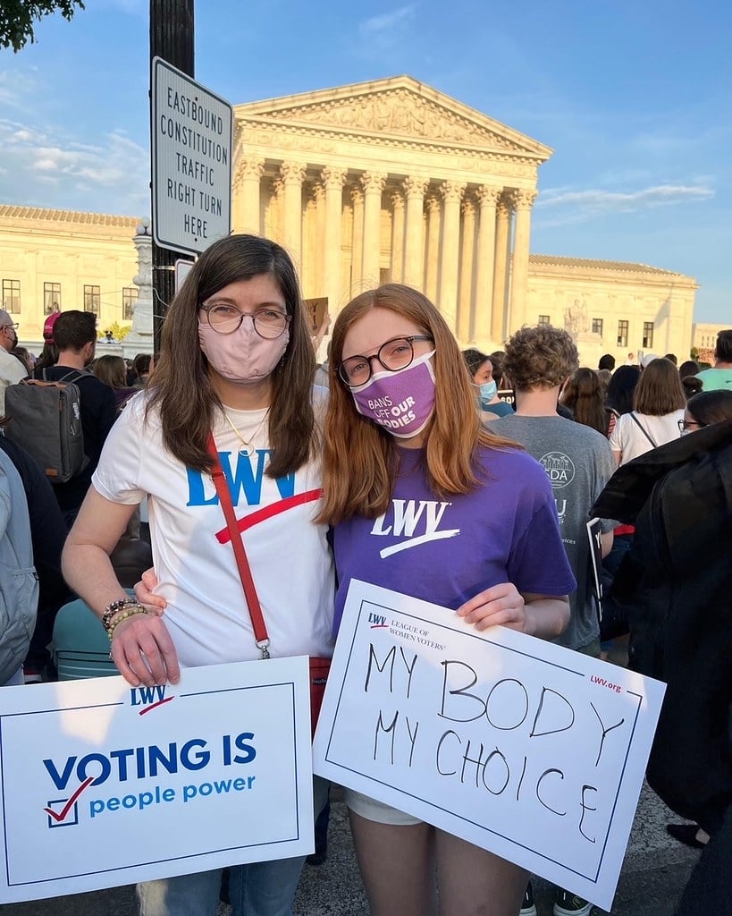Two League members protest for reproductive rights outside the US Supreme Court