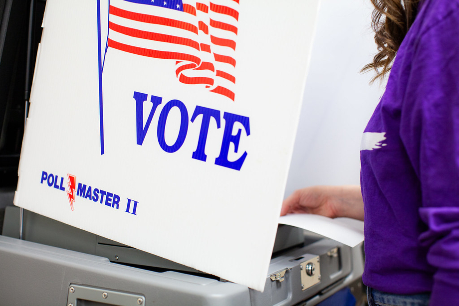 A person casting their vote at a ballot box