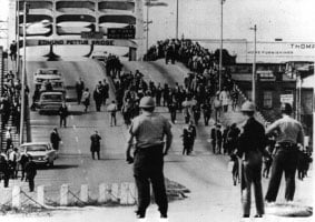 Officers awaiting protestors on the Edmund Pettus bridge