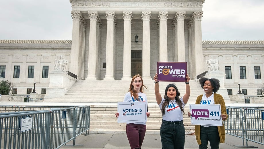 LWV members at the Supreme Court with voting signs